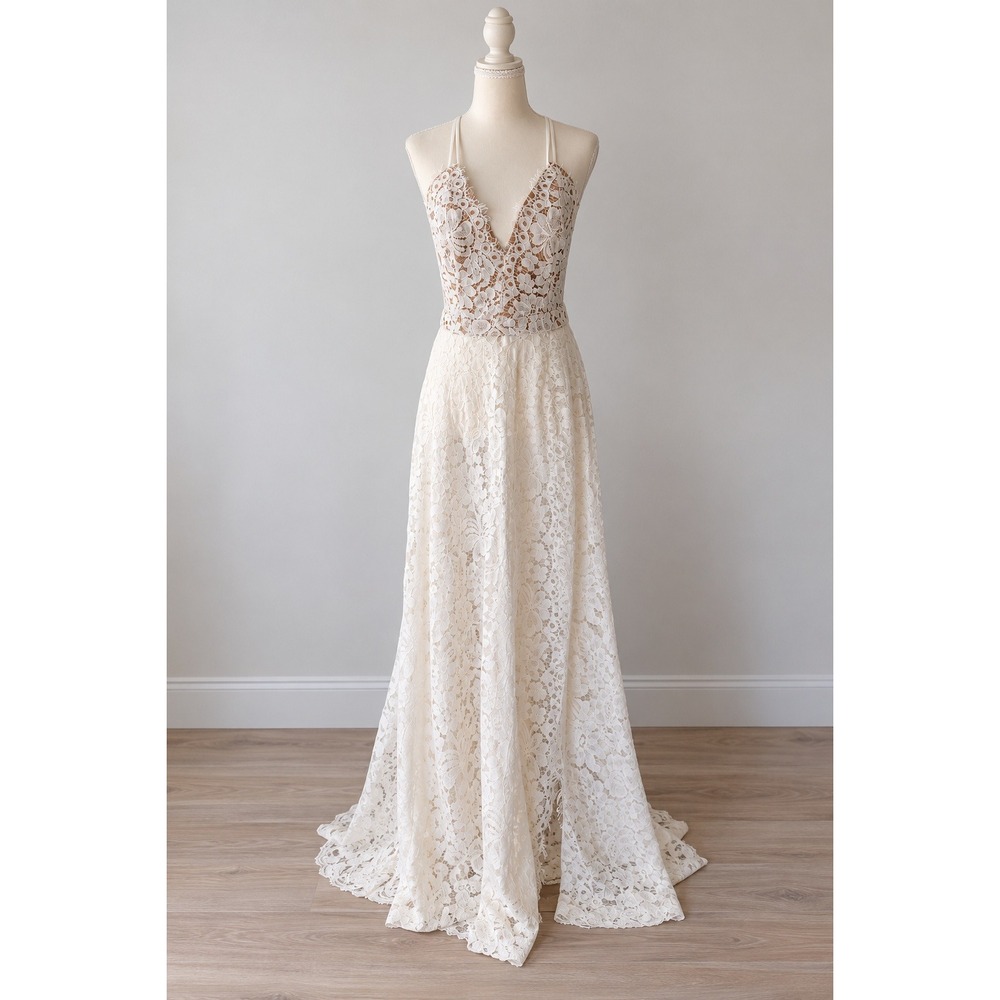 Lulus Women's M Ivory Lace Open Back Bridal Wedding Gown Maxi Dress Train